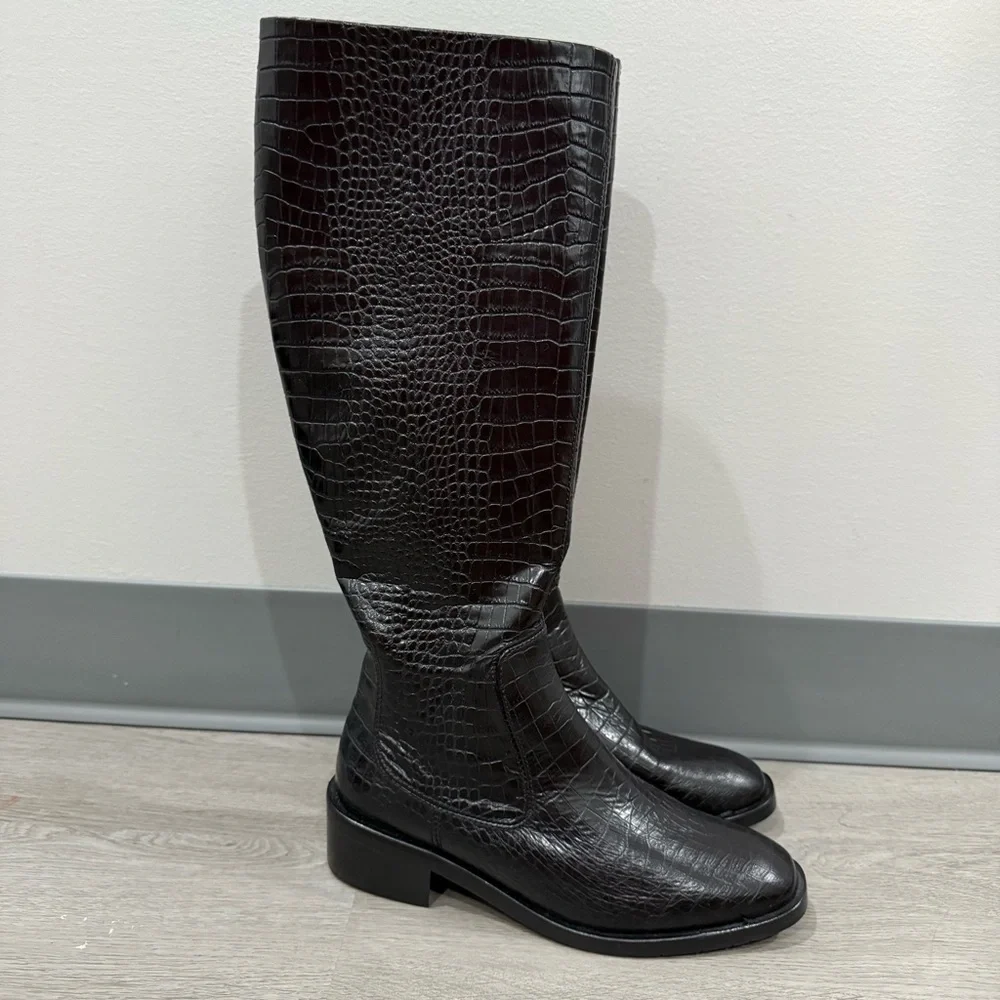 Aquatalia Boots Clara Knee High Croc Embossed in Black